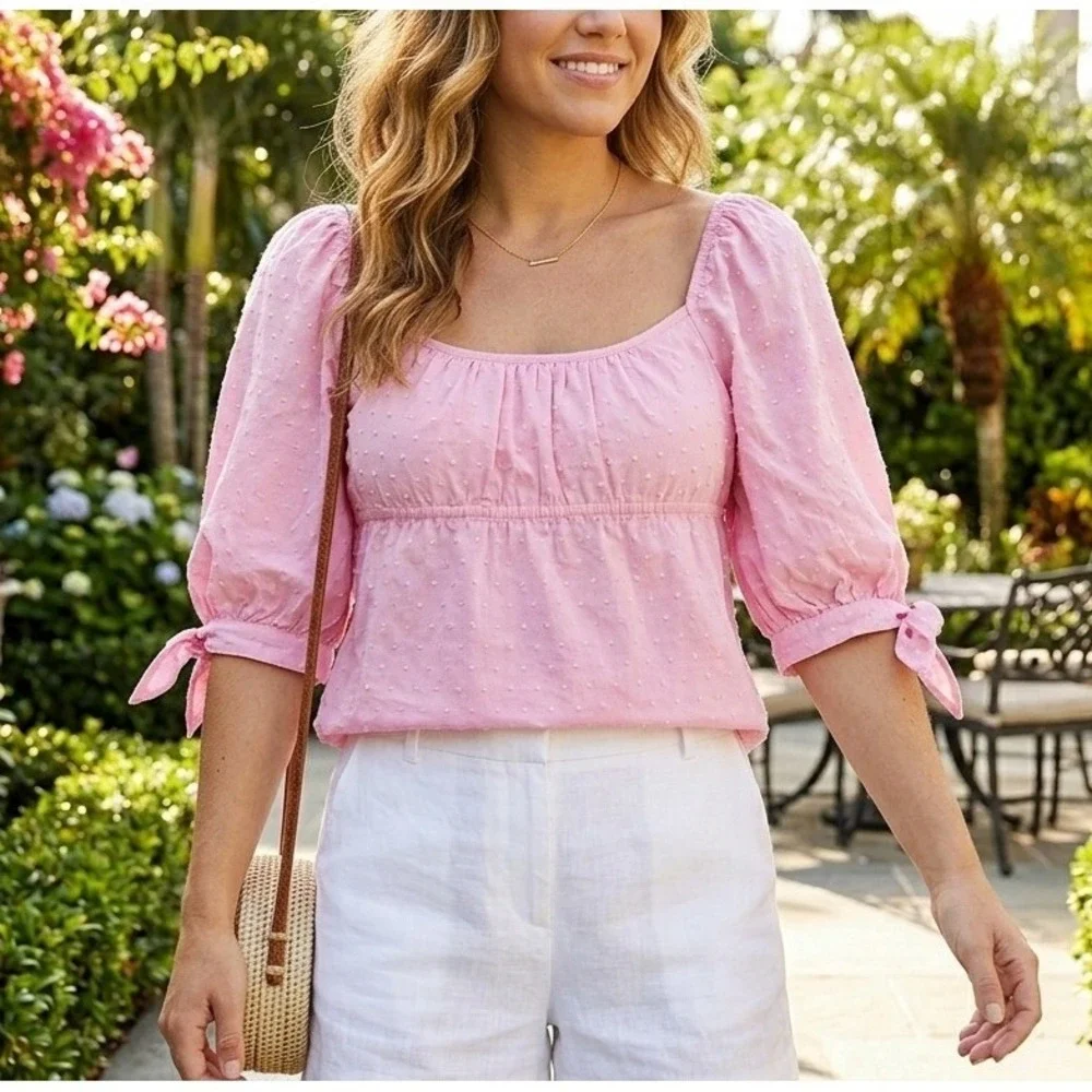 Lilly‎ Pulitzer Pink Swiss Dot Square Neck Empire Waist Blouse Tie Sleeve Size 8